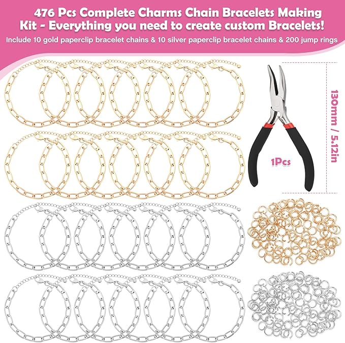 Charm Bracelet Making Kit for Adults & Teens, 477Pcs DIY Charm Bracelet Set with Gold & Silver Charms, Paperclip Chain Bracelets, Alphabet Charms, Complete Jewelry Making Supplies for Crafting
