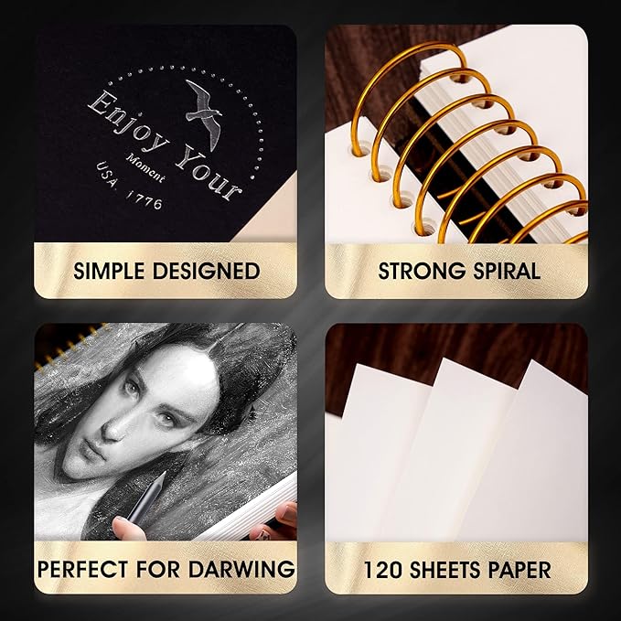 Hardcover Sketchbook for Drawing 8.5 x 11 Spiral Sketch Book for Adults Women Kids with 100gsm 68lb 120 Sheets Premium Paper Sketch Pad for Drawing Books Notebook Art Supplies, Black