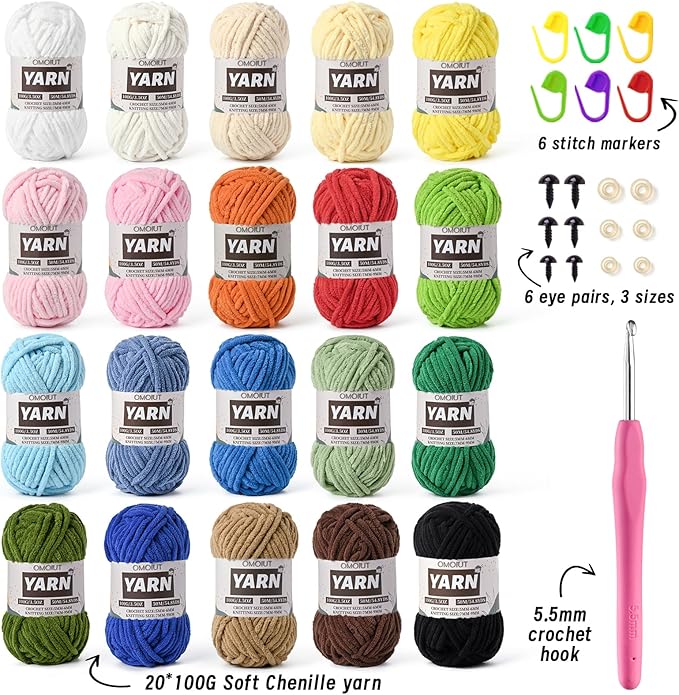 20 Pack Bulky Velvet Chenille Yarn, Baby Yarn for Crocheting Soft Blanket, 2000g(1096yds) Chunky Crochet Yarn, Thick Multicolor Yarn for Crocheting Amigurumi, Crafts, Home Decor A