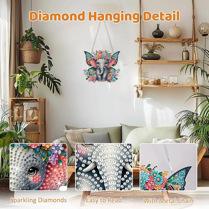 MEIYUDA Elephant Diamond Art Hanging Kits for Adult, Butterfly Elephant Diamond Painting Hanging Kits Ornaments, Animals DIY Special Shaped Rhinestone Window Pendant for Home Garden Wall Decor Gift