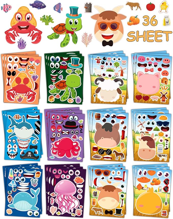 smilinfit 36 sheets stickers for kids toddlers party favors, mixed animals make a face stickers goody bag stuffers, crafts for kids activities classroom supplies school teacher must haves