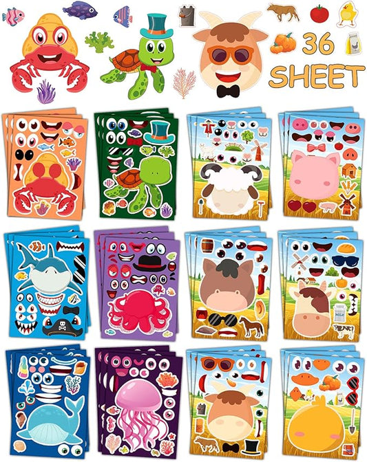 smilinfit 36 sheets stickers for kids toddlers party favors, mixed animals make a face stickers goody bag stuffers, crafts for kids activities classroom supplies school teacher must haves