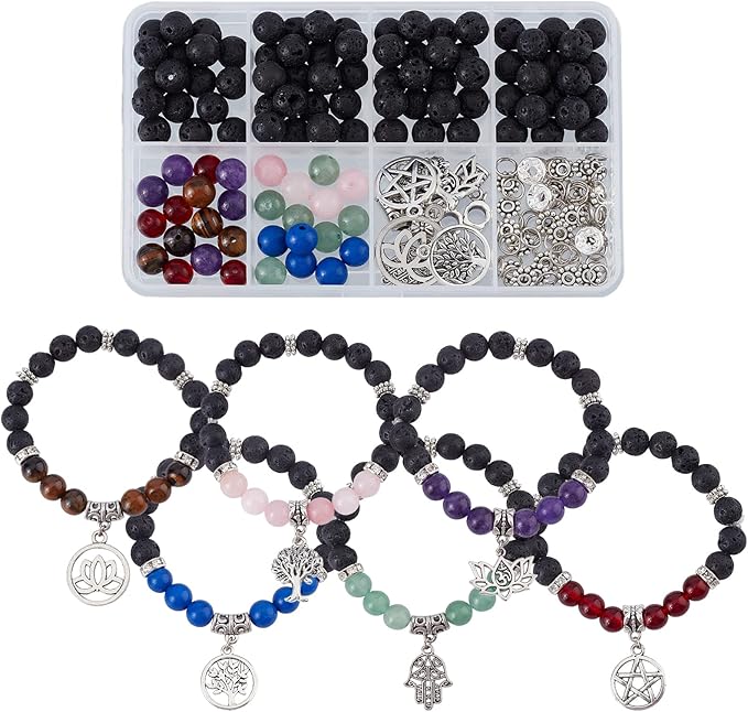 SUNNYCLUE 1 Box DIY 6 Pcs Yoga Charms Tree of Life Charms Bracelets Making Kit Hamsa Charm Lotus Flower Charms for Jewelry Making Beading Bracelet Kit Adults Tiger Eye Round Beads Lava Rock Bead Set