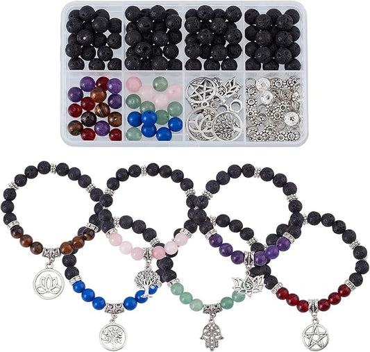 SUNNYCLUE 1 Box DIY 6 Pcs Yoga Charms Tree of Life Charms Bracelets Making Kit Hamsa Charm Lotus Flower Charms for Jewelry Making Beading Bracelet Kit Adults Tiger Eye Round Beads Lava Rock Bead Set
