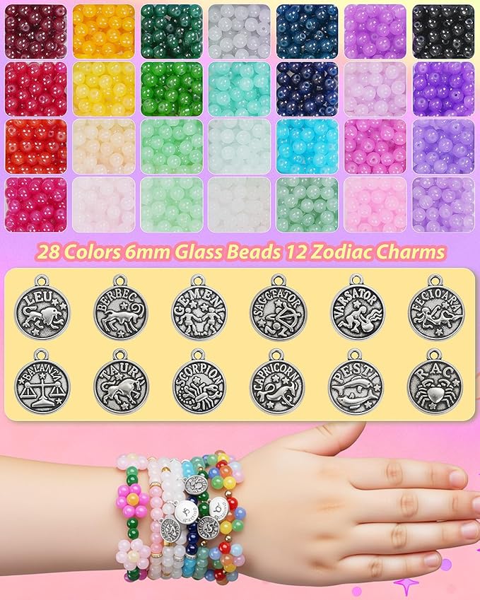 LovelyMoon 28 Colors 6mm Glass Beads for Bracelet Making Kit with 12 Zodiac Charms, Metal Spacers & Elastic Cord Beginner-Friendly Bracelet & Necklace Craft Kit for Teens & Adults