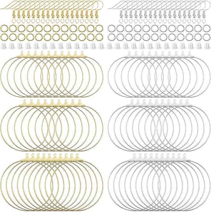 360pcs earring making kit jewelry making supplies bulk with round beading hoop earring finding,earring hooks,jump rings,earring backs for diy craft earring jewelry making(k gold,white k)