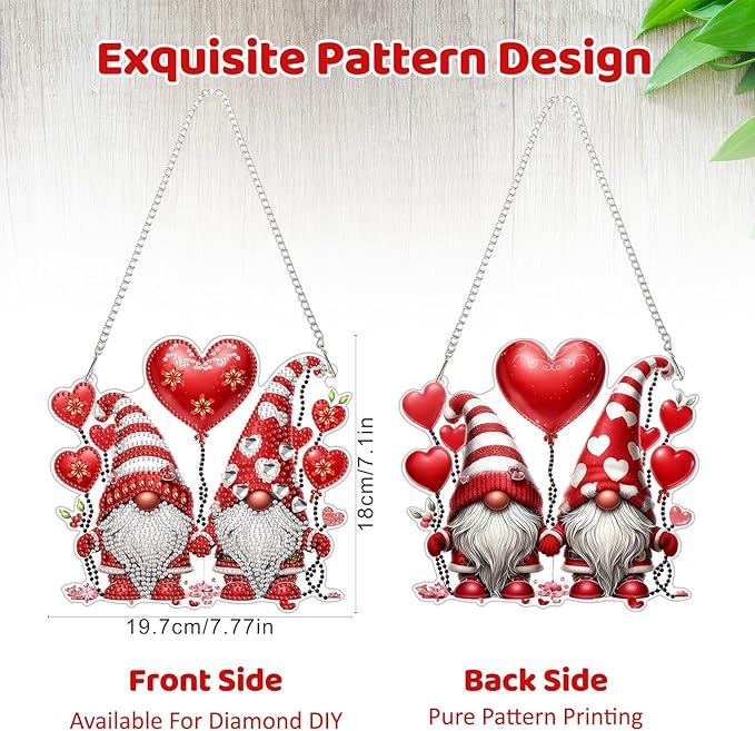 MEIYUDA Valentine's Day Diamond Painting Pendant Kits, DIY Love Gnomes Diamond Art Window Hanging Ornament for Adults, 5D Special Shape Rhinestone Pendant for Home Decoration