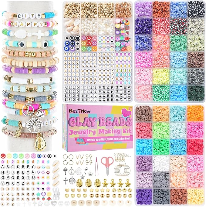 BestNow Bracelet Making Kit 48 Colors 3 Boxes Polymer Clay Beads Set Letter Beads for Jewelry Making Kit Friendship Bracelets Heshi Beads with Charms Strings Arts and Crafts Gift for Girls Adults