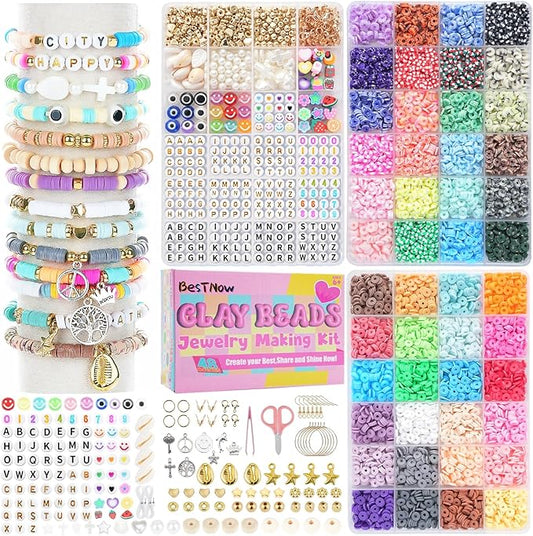 BestNow Bracelet Making Kit 48 Colors 3 Boxes Polymer Clay Beads Set Letter Beads for Jewelry Making Kit Friendship Bracelets Heshi Beads with Charms Strings Arts and Crafts Gift for Girls Adults