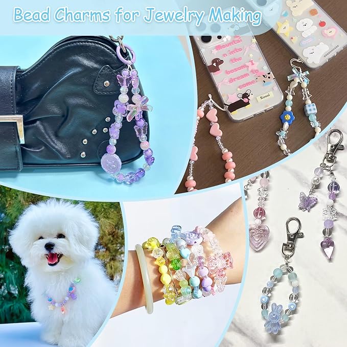 joyjellies bracelet making kit assorted acrylic beads, 4 colors charms keychain making kit with string key ring clips bow heart cute beads for bracelets arts and crafts jewelry making kits