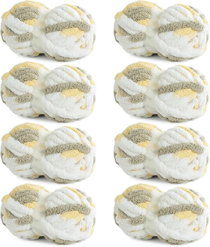 HOMBYS Chunky Tie Dye Mix Chenille Yarn for Hand Knitting, Super Bulky Jumbo Yarn for Crocheting, 3/4" Thick Soft Plush Yarn for Blankets, 8 Skein Pack (26 yds / 7.5 oz Each) White Yellow Brown