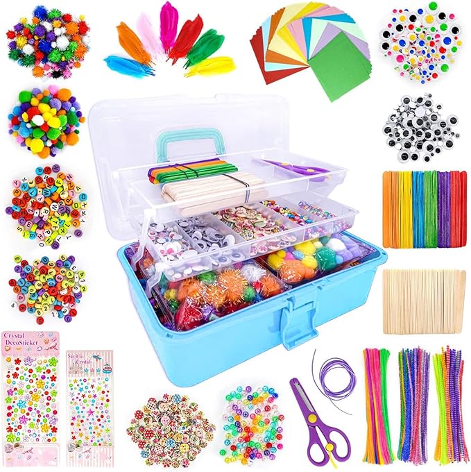 kortes Jumbo Art and Craft Supplies for Kids, Toddler DIY Craft Art Supply Set Included Pipe Cleaners, Pom Poms, Feather, Folding Storage Box - All in One for Craft DIY Art Supplies, Light Blue