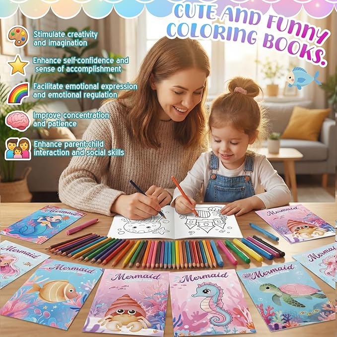 Liliful 144 Pcs Mermaid Coloring Book Bulk Mini Mermaid Theme Drawing Book with Sea Creature Shell Patterns Ocean Party Favors Goodie Bag Filler and Holiday Gifts