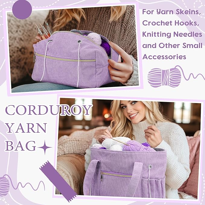 Bulyoou 2 Pcs Crochet Bag and Tote Set Corduroy Yarn Bag Crochet Tote Bag for Crochet Hooks Organizer Yarn Holder for Crochet Lovers Knitting Bag Crochet Accessories(Purple)