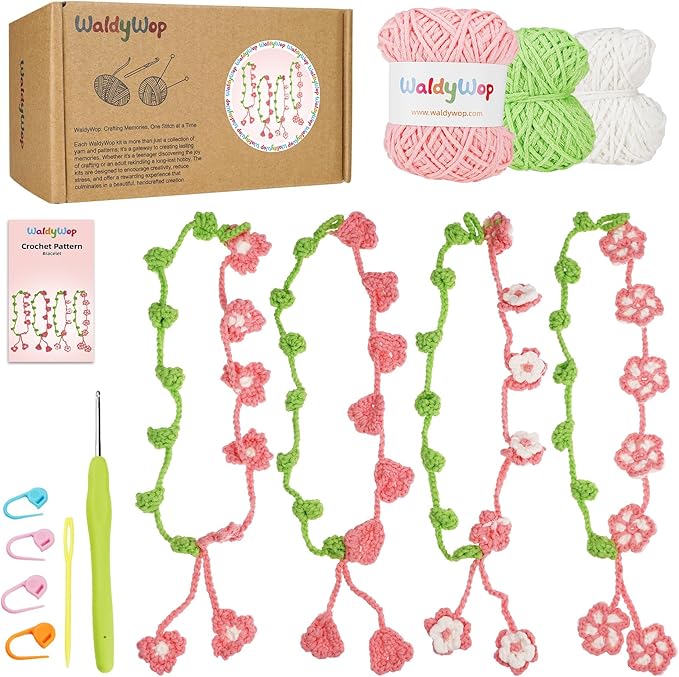 WaldyWop Crochet Kit for Beginners: 4 Flower Bracelets Knitting Kits for Adults Women w/Easy Yarn & Step-by-Step Video Tutorials -Wobbles Crochet Starter Kit for Crocheter, Birthday Gift for Mom