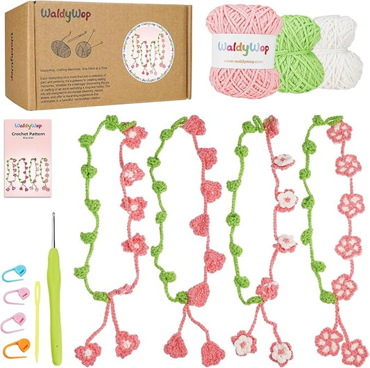 WaldyWop Crochet Kit for Beginners: 4 Flower Bracelets Knitting Kits for Adults Women w/Easy Yarn & Step-by-Step Video Tutorials -Wobbles Crochet Starter Kit for Crocheter, Birthday Gift for Mom