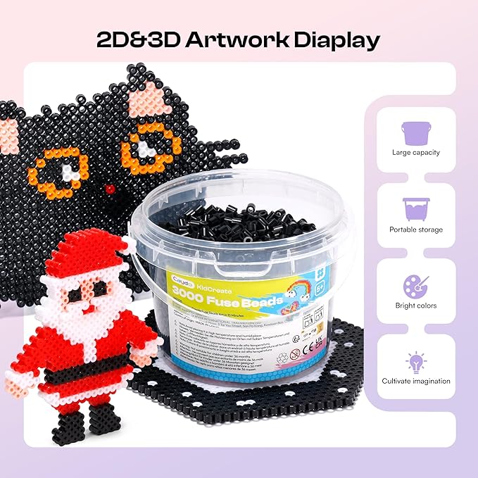 Caydo 3000PCS 5mm Black Fuse Beads, Bucket Packed Iron Beads Safe Material Kit, Art Creative Crafts for Kids DlY Pixel Parent-Child Interaction Art & School Project Holiday Gifts