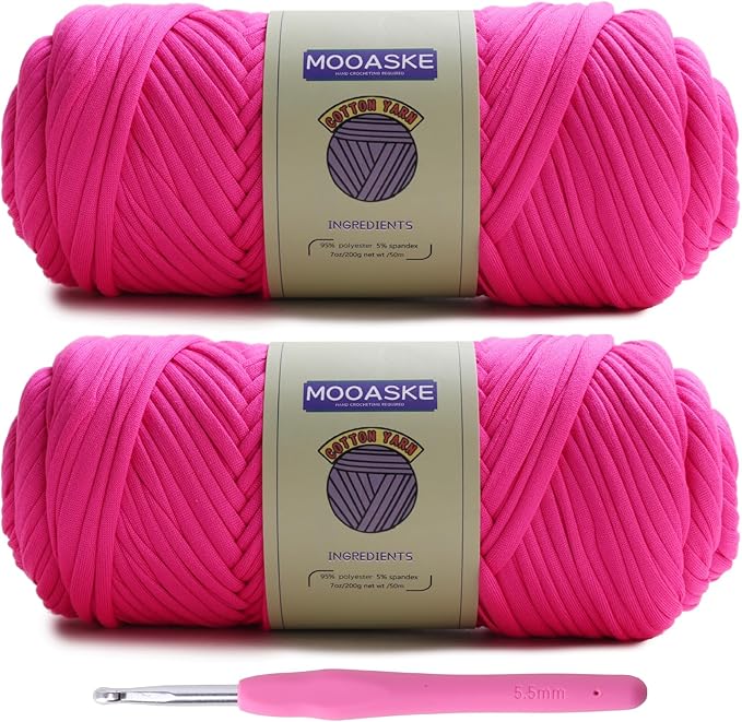 2 Pack T-Shirt Crochet Yarn for DIY Knitting Crochet Cloth Blanket Bag Dolls - 400g Chunky Thick Yarn for Crocheting with Polyester-Spandex Blend Elastic Fabric (Rose Red)