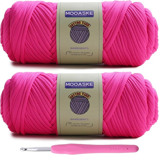 2 Pack T-Shirt Crochet Yarn for DIY Knitting Crochet Cloth Blanket Bag Dolls - 400g Chunky Thick Yarn for Crocheting with Polyester-Spandex Blend Elastic Fabric (Rose Red)