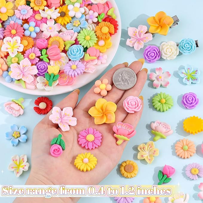 100PCS Flower Slime Charms Cute Flatback Resin Charms for Slime, Kawaii Random Decoden Charm for Embellishments Phone Junk Case Charms Bulk,Hairpins Scrapbooking Crafting DIY Decor