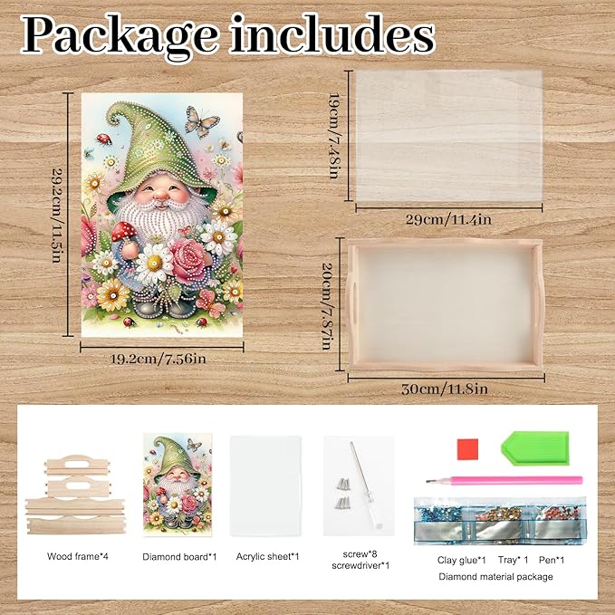 AiYuanzsh DIY Diamond Tray Diamond Art Painting Plate Creative Design Handmade Wooden Tray Mosaic Making Kits by Number Kits Diamond Art for Coffee Living Room Home Organizer (Green Gnome)