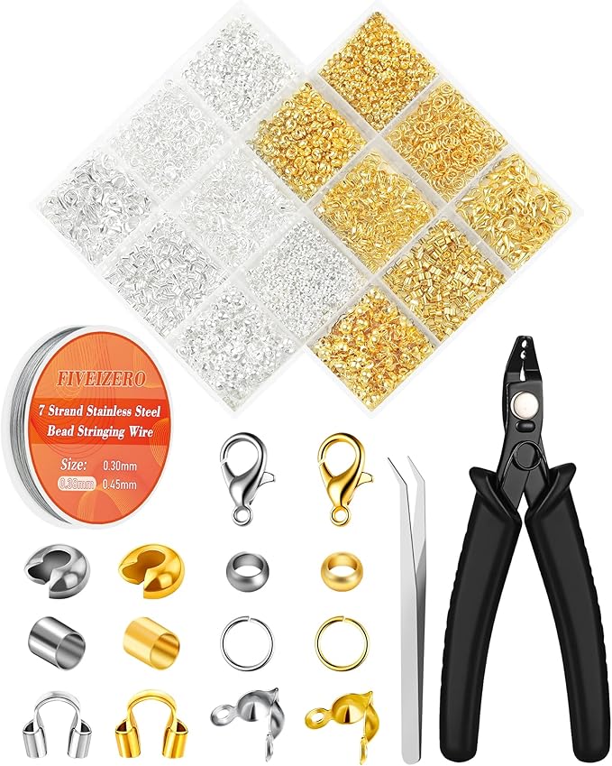 1950 Pcs Jewelry Making Cord End Kit,Crimp Tube Beads with Organizer Box,Includes Crimp Beads, Cover, Lobster Clasp,Jump Ring,Wire Guardians,Crimping Pliers & Beading Wire for Bracelets Necklace
