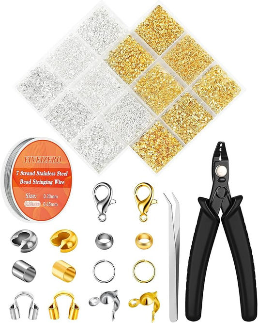 1950 Pcs Jewelry Making Cord End Kit,Crimp Tube Beads with Organizer Box,Includes Crimp Beads, Cover, Lobster Clasp,Jump Ring,Wire Guardians,Crimping Pliers & Beading Wire for Bracelets Necklace
