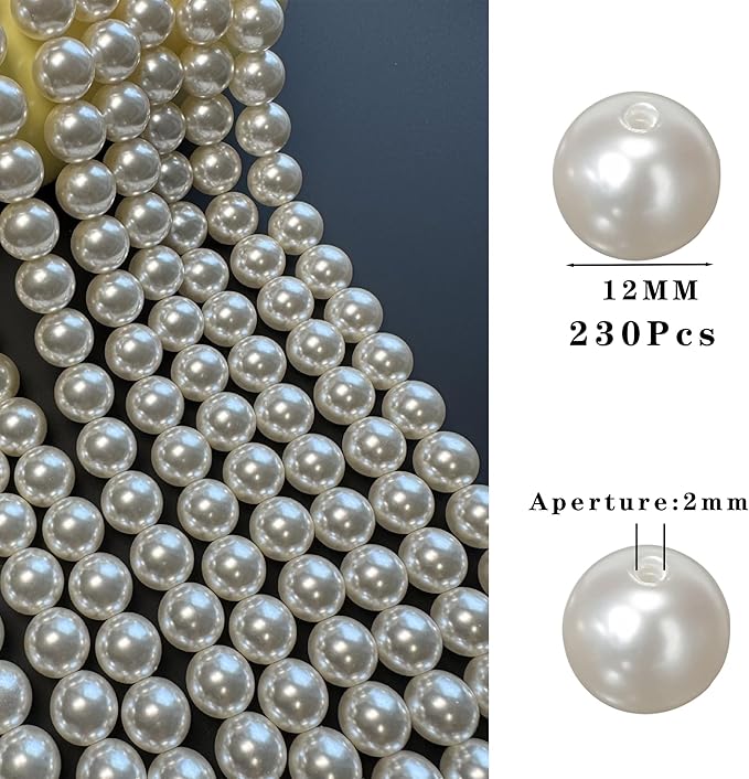 Laopottbeads 230 Pcs Ivory White 12MM Pearl Beads for Jewelry Making Round Pearl DIY Kit for Bracelets, Earrings, Necklaces & Anklets