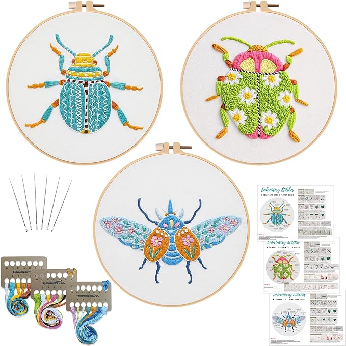 Louise Maelys 3 Sets Beetle Embroidery Kits for Beginners,Cross Stitch Kit for Adults,DIY Needlepoint for Starters Including Flowers Pattern, Hoop,Instruction and Threads