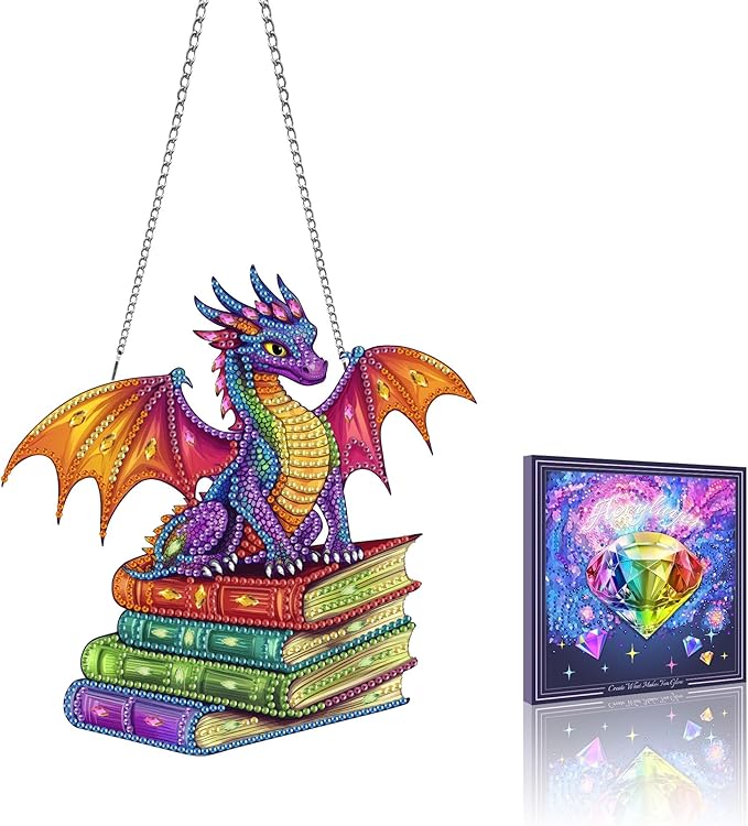 VAIIEYO Dragon Diamond Art Hanging Ornament, Animal Diamond Painting Suncatchers Window Hanging Kit with Chain, 7.5x7.5 inch Crystal Pendant Art Craft for Gift Home Wall Front Door Decoration