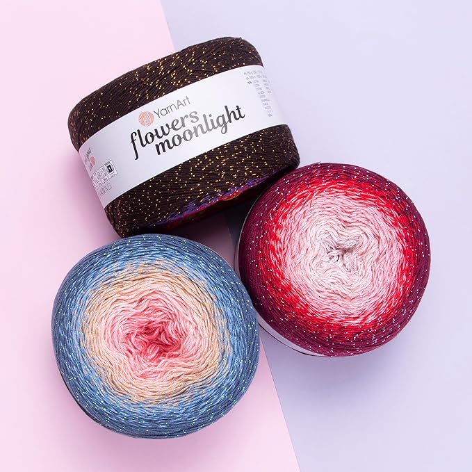 YarnArt Flowers Moonlight – Gradient Cotton Acrylic Yarn with Metallic Lurex, 9.17oz (250g), 1093 Yards – Shiny, Multicolor Cake Yarn for Crochet, Knitting, Shawls & DIY Projects (3269)