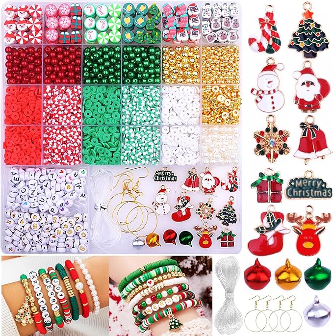 BBita 3680pcs Christmas Polymer Clay Beads Charms for Bracelets Making Kit Christmas Tree Snowman Santa Claus Snowflakes Bells Socks elk Friendship DIY Arts Crafts Gifts for Kids Girls