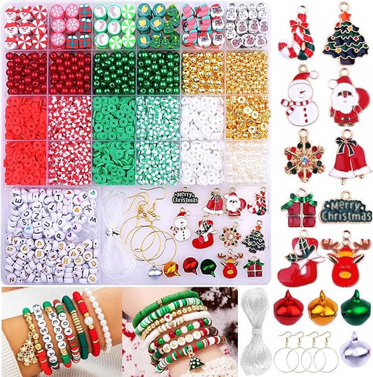 BBita 3680pcs Christmas Polymer Clay Beads Charms for Bracelets Making Kit Christmas Tree Snowman Santa Claus Snowflakes Bells Socks elk Friendship DIY Arts Crafts Gifts for Kids Girls