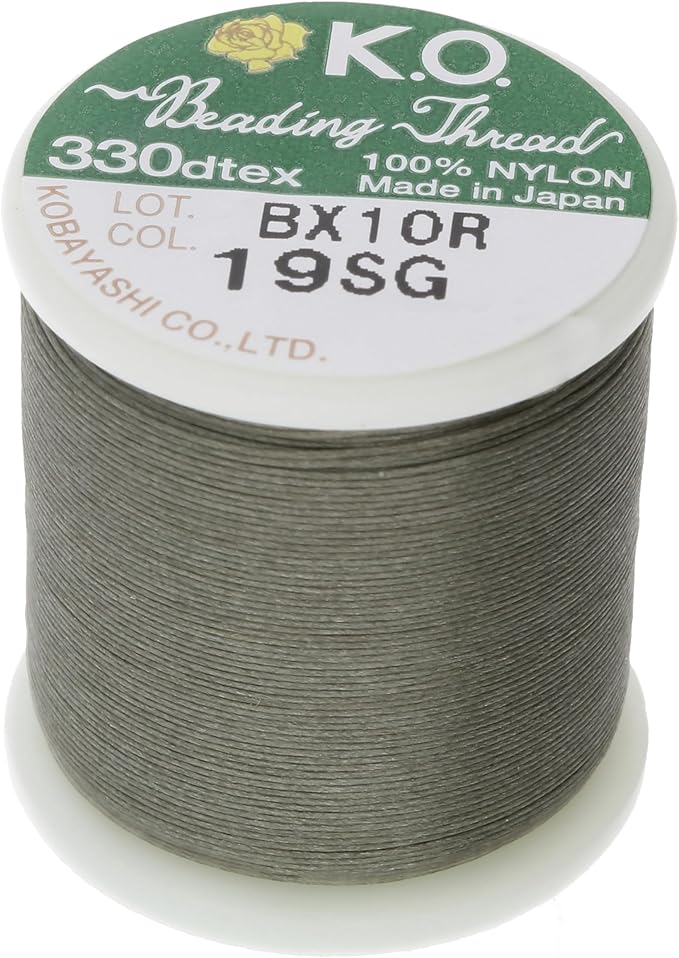 KO Nylon Beading Thread, Smoke Green Color, Japanese Pre-Waxed 100% Nylon, 330TEX, Tangle Resistant Knotting Cords, 50m /55 yds Spool, Use for Seed Bead Projects, Loom Work & Bead Weaving
