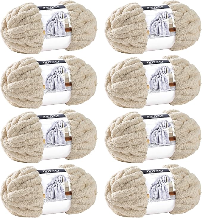 Chunky Chenille Yarn for Hand Knitting 8 Jumbo Pack Jumbo Chunky Yarn for Hand Soft Blanket Knitting, Bulky Thick Fluffy Yarn for Crocheting (Khaki)