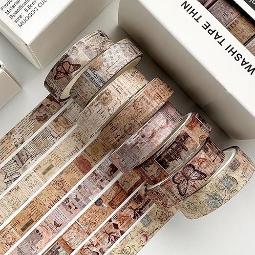 16 Rolls Vintage Washi Tape Set with Handwritten Text, Retro Junk Books Design, Thin Retro Decorative Antique Patterns Masking Tape for Scrapbook, Journals, Planners, DIY Crafts