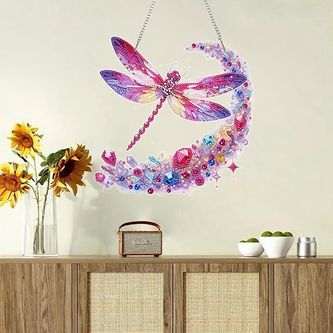 Ristpal Diamond Art Hanging Kits for Adult, Special Shaped Rhinestone, DIY Acrylic Diamond Art Painting Window Pendants Home Garden Wall Hanging Kits for Home Decor and Gifts (Dragonflies)