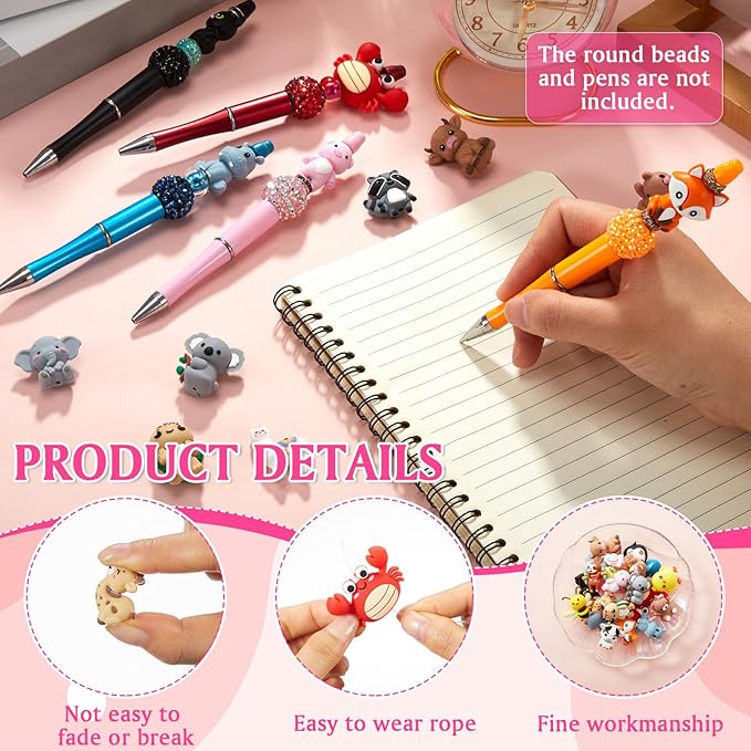 24 Pcs 3D Silicone Focal Beads Pens Beads Bulk for Beadable Keychain DIY Crafts Necklace Bracelet Phone Chain Charms Jewelry Making (Animals C)