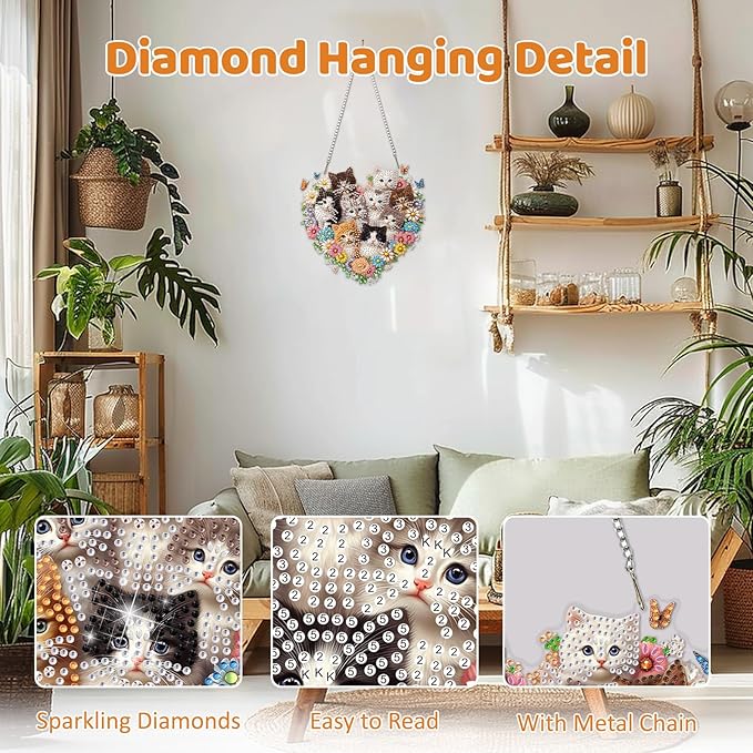 MEIYUDA Cat Diamond Art Hanging Kits for Adult, Flower Cats Diamond Painting Hanging Kits Ornaments, DIY Special Shaped Rhinestone Window Pendants Kit for Home Garden Wall Decor Gift