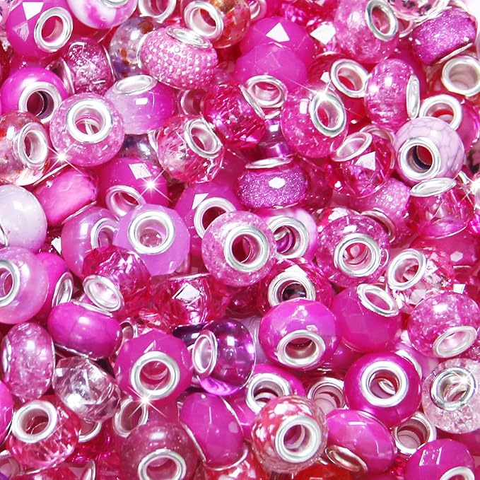 200Pcs Large Hole Beads Spacer Beads Rose Red Assorted European Craft Big Beads Large Hole Lampwork Murano Bead Fairy Wand Garden Bead for DIY Bracelet Necklace Jewelry Making Decoration Supplies