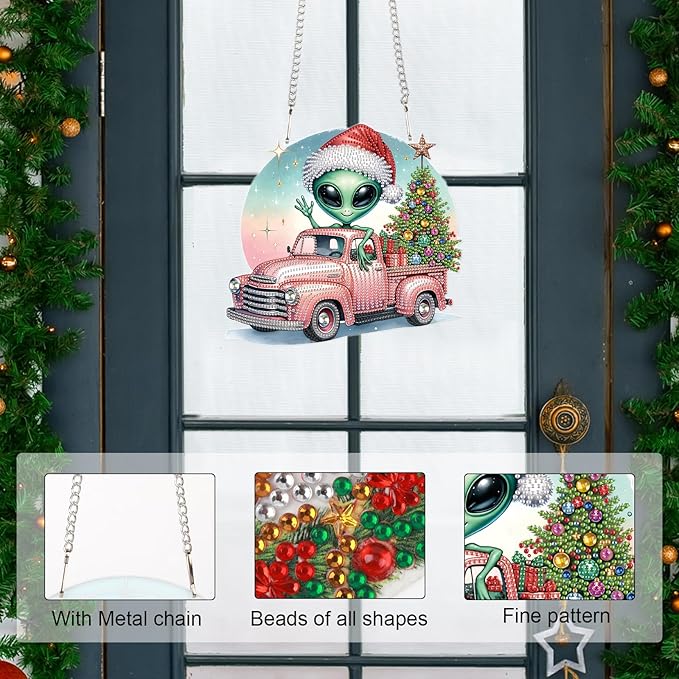 Alien Diamond Painting Hanging Ornament Kit, 5D DIY Christmas Truck & Tree Pendant Decoration with Santa Hat, Crystal Diamond Art Kit for Adults Home Wall Door Window Xmas Decor (24.1x22.6cm)