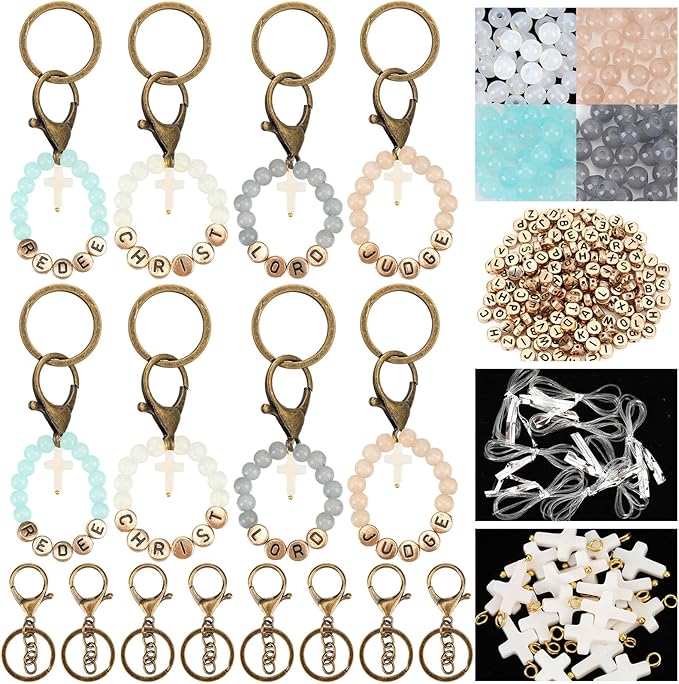 Ferreve 448pcs Easter Christian Keychain Making Kit Cross Beads Keychain Making Craft Religious DIY Cross Beads and Charms for Easter Teacher Appreciation Gifts Church Activities