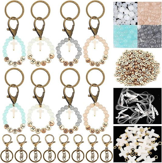 Ferreve 448pcs Easter Christian Keychain Making Kit Cross Beads Keychain Making Craft Religious DIY Cross Beads and Charms for Easter Teacher Appreciation Gifts Church Activities