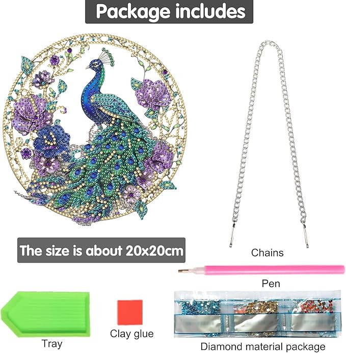 Bimkole Peacock Diamond Art Hanging Kit for Adult, DIY 5D Flower Animals Diamond Art Painting Window Pendant, Acrylic Crystal Art Hanging Ornament for Wall Home Garden Front Door Decor - 7.8x7.8 Inch