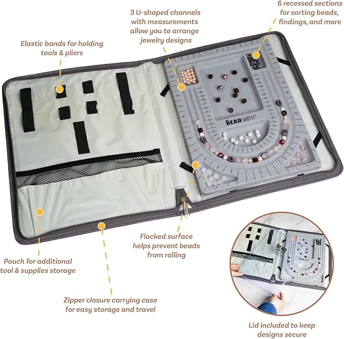 The Beadsmith Bead Folio – Basic Elements – 28” U Channel Bead Board with Lid and a Zippered Storage Case – Keep Your Designs, Beads & Tools Secure – Jewelry Making Supplies