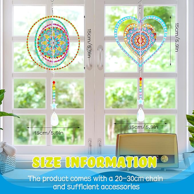 Queekay 2 Pieces 3D Diamond Painting Wind Chime Diamond Art Suncatcher Kits Three Dimensional by Number Hanging Ornament Double Sided Crystal Suncatcher Window Decor for Home Wall Garden(Heart)