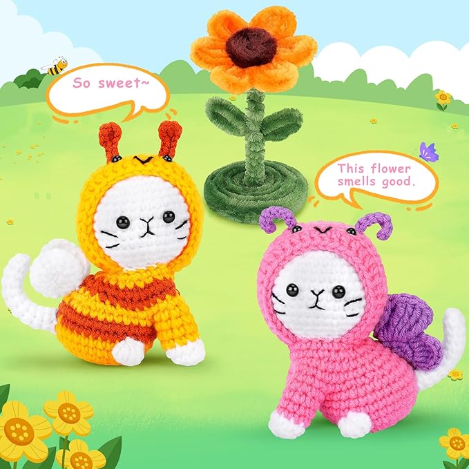 Cats Crochet Kit for Beginners, 2PCS Cats Dressed as Bee and Butterfly Crochet Kits with Step-by-Step Video Tutorials, Beginner Crochet Kits for Adults, Cat Crocheting Kit Gifts for Birthday