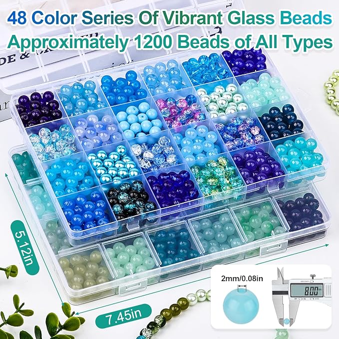 XSEINO About 1200PCS 8mm Glass Beads Bracelet Making Kit,48 Assorted Dreamy Blue Ocean and Green Series Colorful Crystal Beads for Making and DIY Crafts
