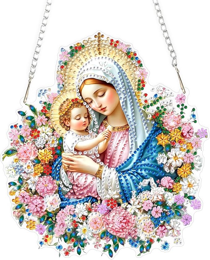 Religious Virgin Mary Diamond Art Hanging Ornaments Kits for Adults, Diamond Painting Pendant Kits, DIY Acrylic 5D Special Shaped Crystal Gem Art Painting Ornament for Home Wall Decor Gift 8x8 Inch