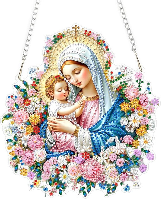 Religious Virgin Mary Diamond Art Hanging Ornaments Kits for Adults, Diamond Painting Pendant Kits, DIY Acrylic 5D Special Shaped Crystal Gem Art Painting Ornament for Home Wall Decor Gift 8x8 Inch